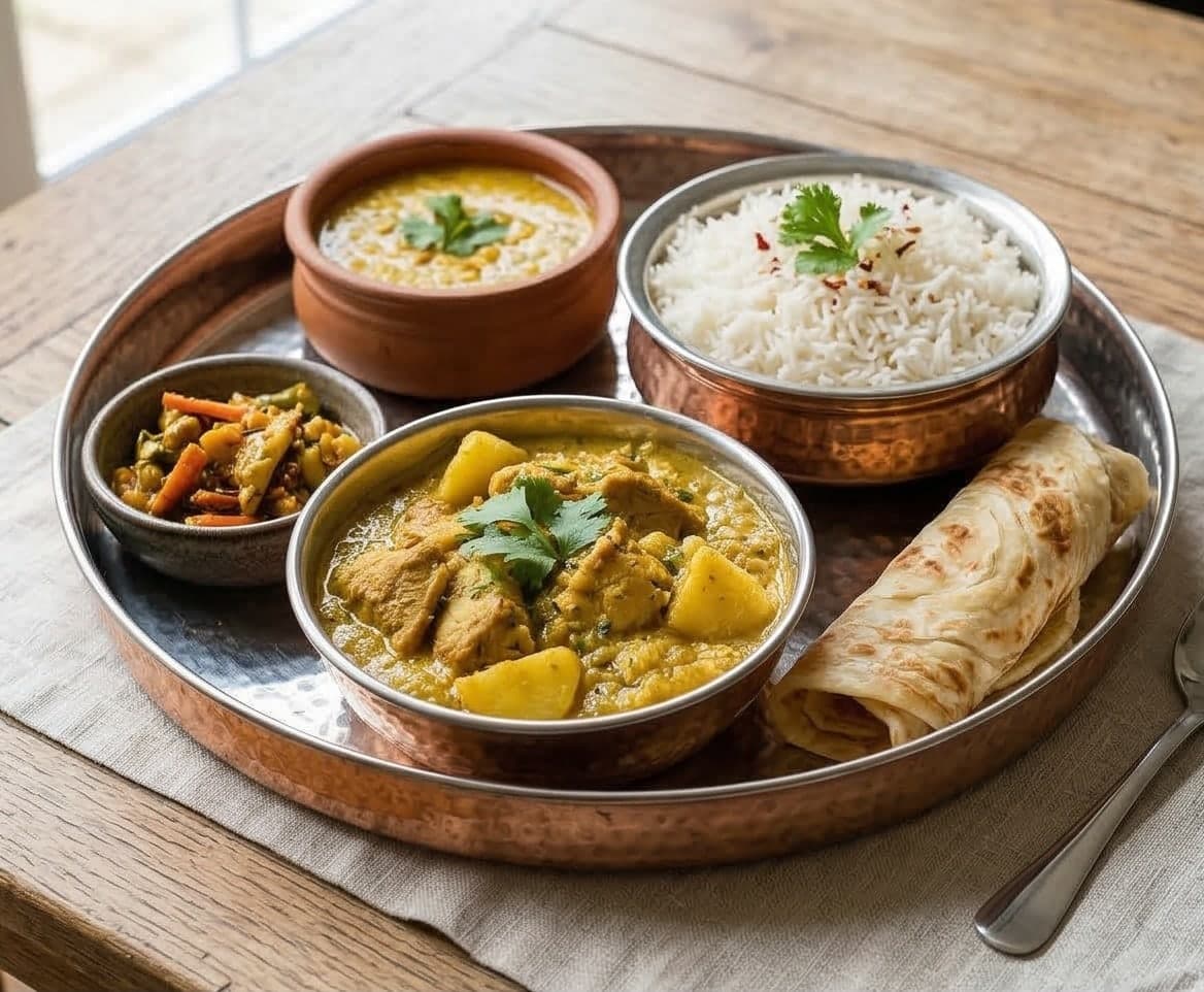 A spread of Bengali dishes on a table: curries, rice, and chapati